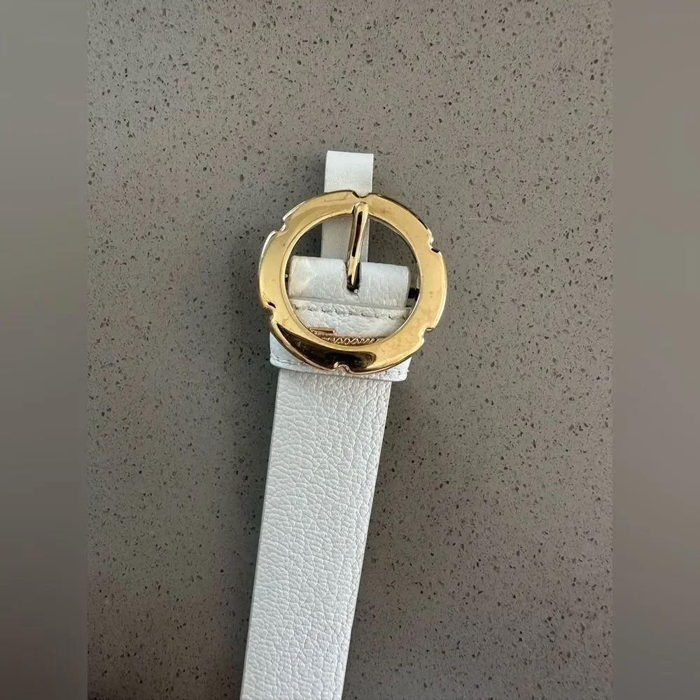 Salvatore Ferragamo Flower Buckle Leather Belt New Bianco White/Gold Buckle